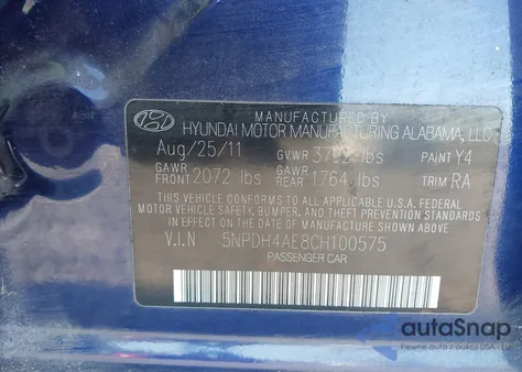 2012 Hyundai Elantra Limited z USA, uszkodzony, nr VIN 5NPDH4AE8CH100575